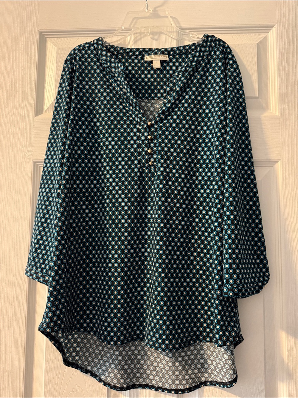 Dana Buchman Teal Geo Button V-Neck Tunic
